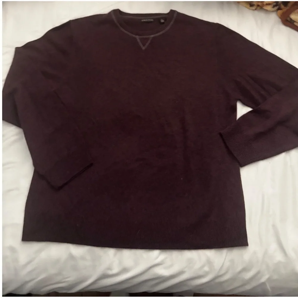 Structure Mens 100% Cashmere Sweater Burgundy‎ Crewneck V-Stitch Made in Japan L